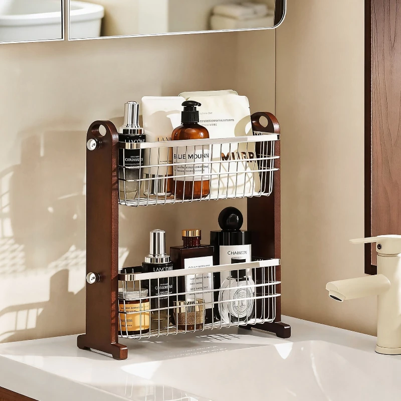 Stainless Steel Bathroom Vanity Organizer, Cosmetic Skincare Shelf Rack, Multifunctional Storage Holder Basket Tray for Sink Use