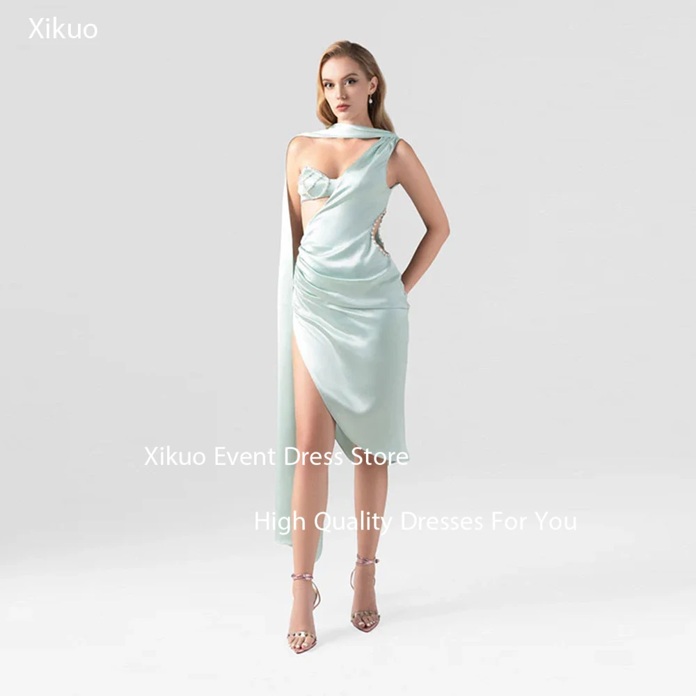

Xikuo Mint Green One Shoulder Evening Dresses High Slit Satin Robe Cocktail Femmes Glamorous Sleeveless Party Dress Customized
