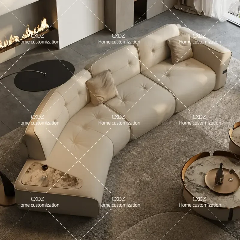 Italian Light Luxury Leather Sofa Curved Design for Villa Large Flat Living Room Fully Equipped Creative Home Furniture