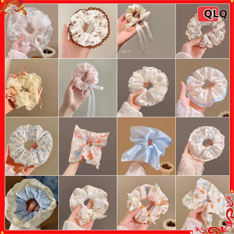 

10PCLace Ruffled Scrunchie Elastic Scrunchie Tie Floral Print Bow Hair Accessories Spring Summer Sweet Style Hair Rope For Women