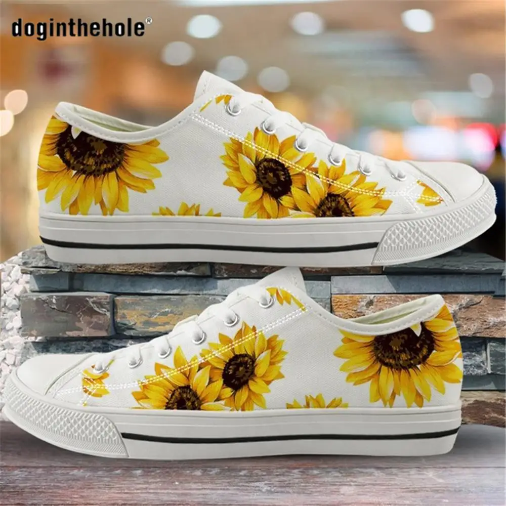 Doginthehole Beautiful Yellow Flower Sunflower Sneakers for Woman Low Top White Canvas Shoes Designer Ladies Plus Size 44 Shoe