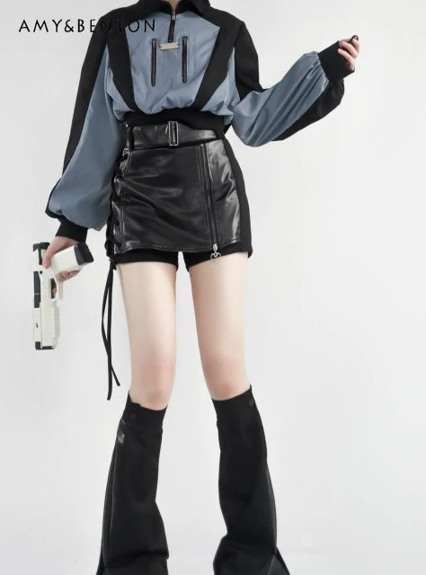 Gothic Street Color Matching Outdoor Jacket High Waist Slim Mini Leather Skirt Two-Piece Set Women Sweet Y2K Hot Girl Outfits