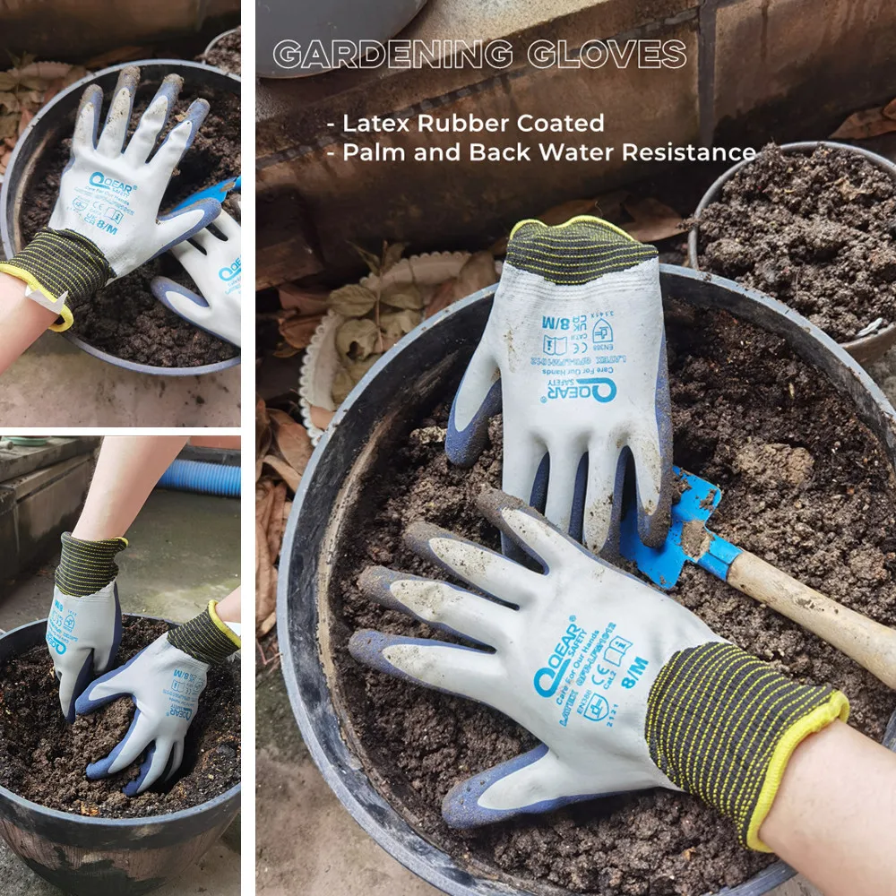 QearSafety Garden Work Gloves Fully latex Coated,Fully Dirty/Mud/Water Proof, Palm Sandy Latex For Anti-slip, Thorn Resistance