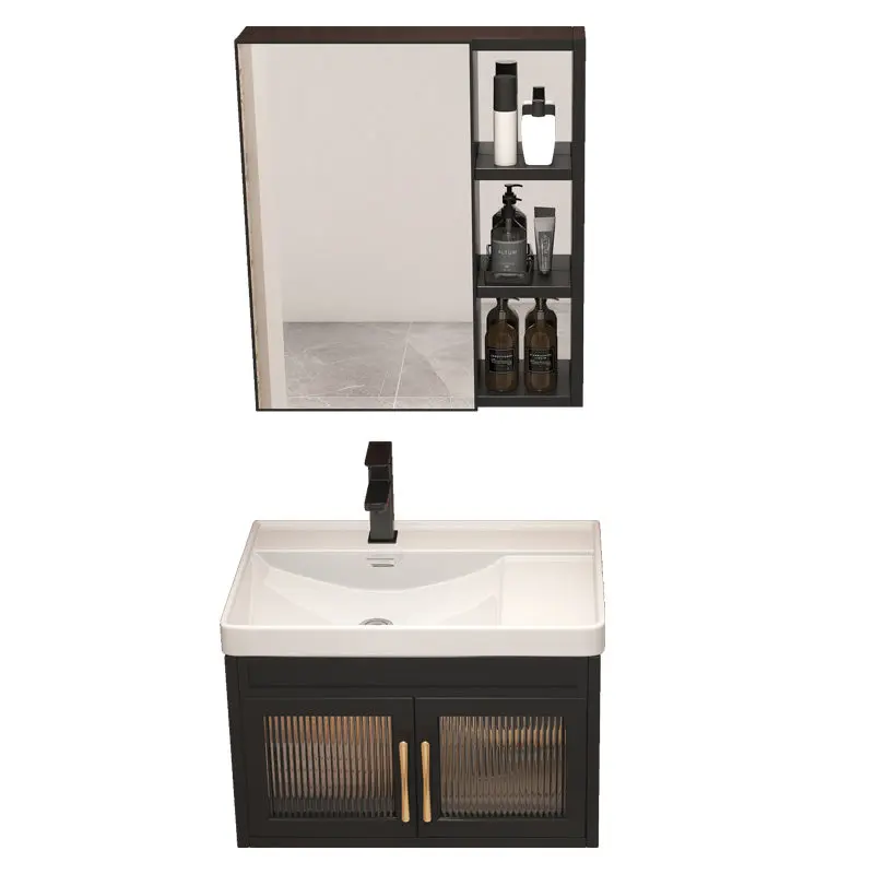 Simple small apartment space aluminum wall-mounted black bathroom balcony wash basin with mirror cabinet