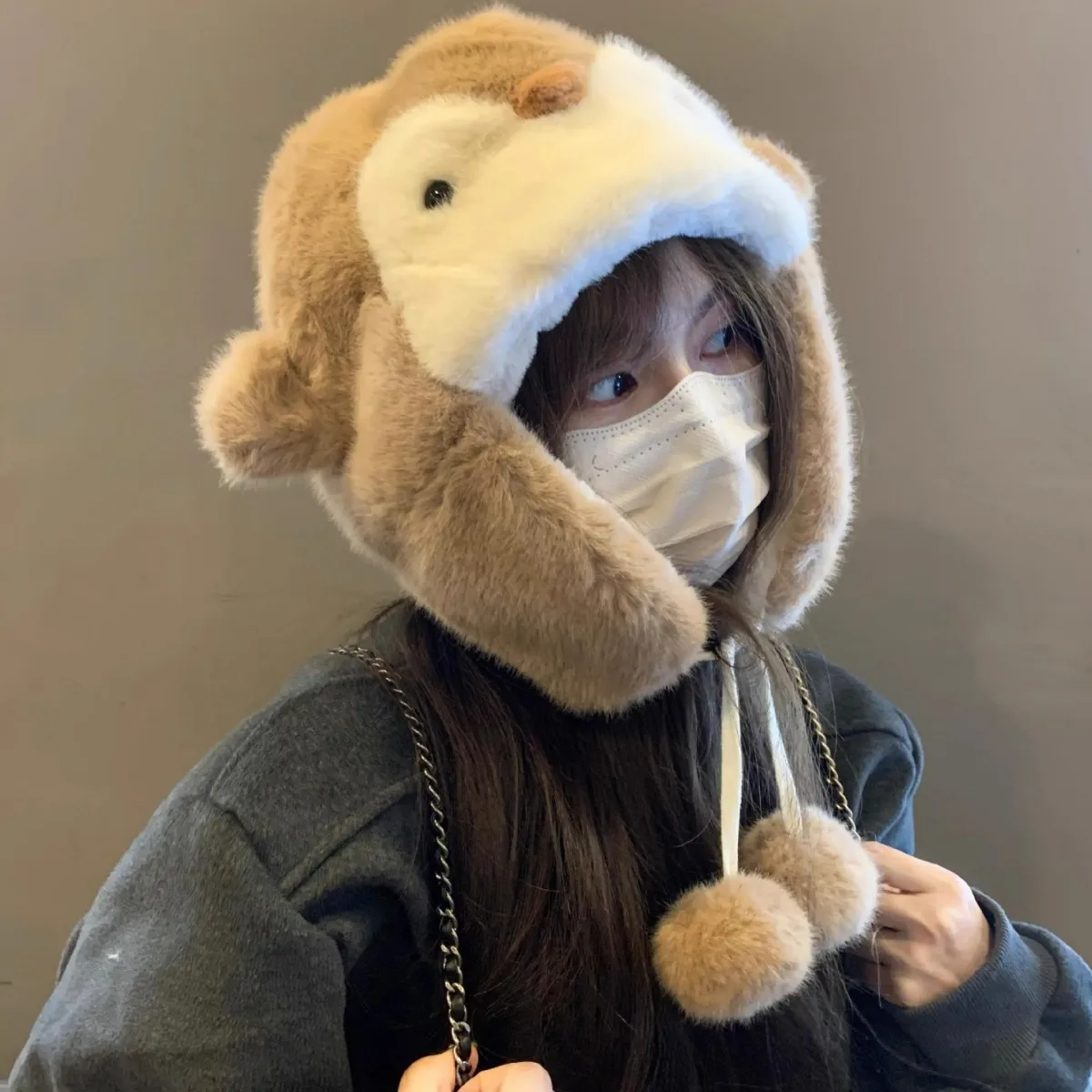 قبعة البطريق اللطيفة من القطيفة للسيدات للخريف والشتاء للحماية من البرد سميكة ودافئة لحماية الأذن تظهر الوجه قبعة تزلج صغيرة لركوب الدراجات #3