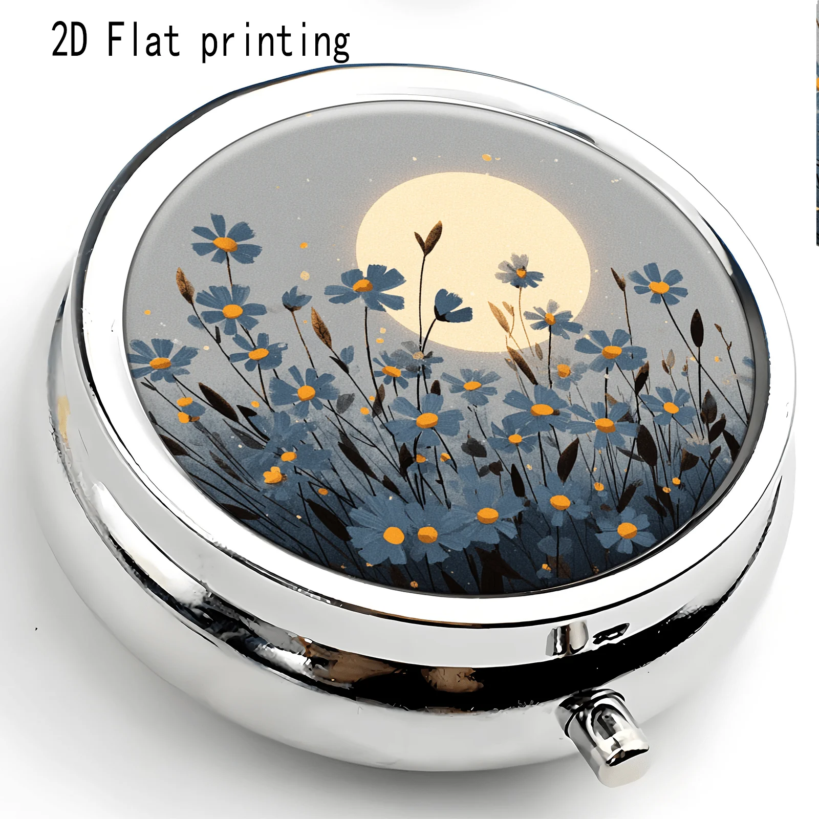 1 Piece, Flatbed Printing, Tranquil Moonlight Daisy Watercolor Illustration Pattern, Round Three-Compartment Box Portable Medicine Storage Box, Small Jewelry Storage Box. Suitable for Placing in a Pocket, Handbag, or for Travel, Flat Metal Matchbox.