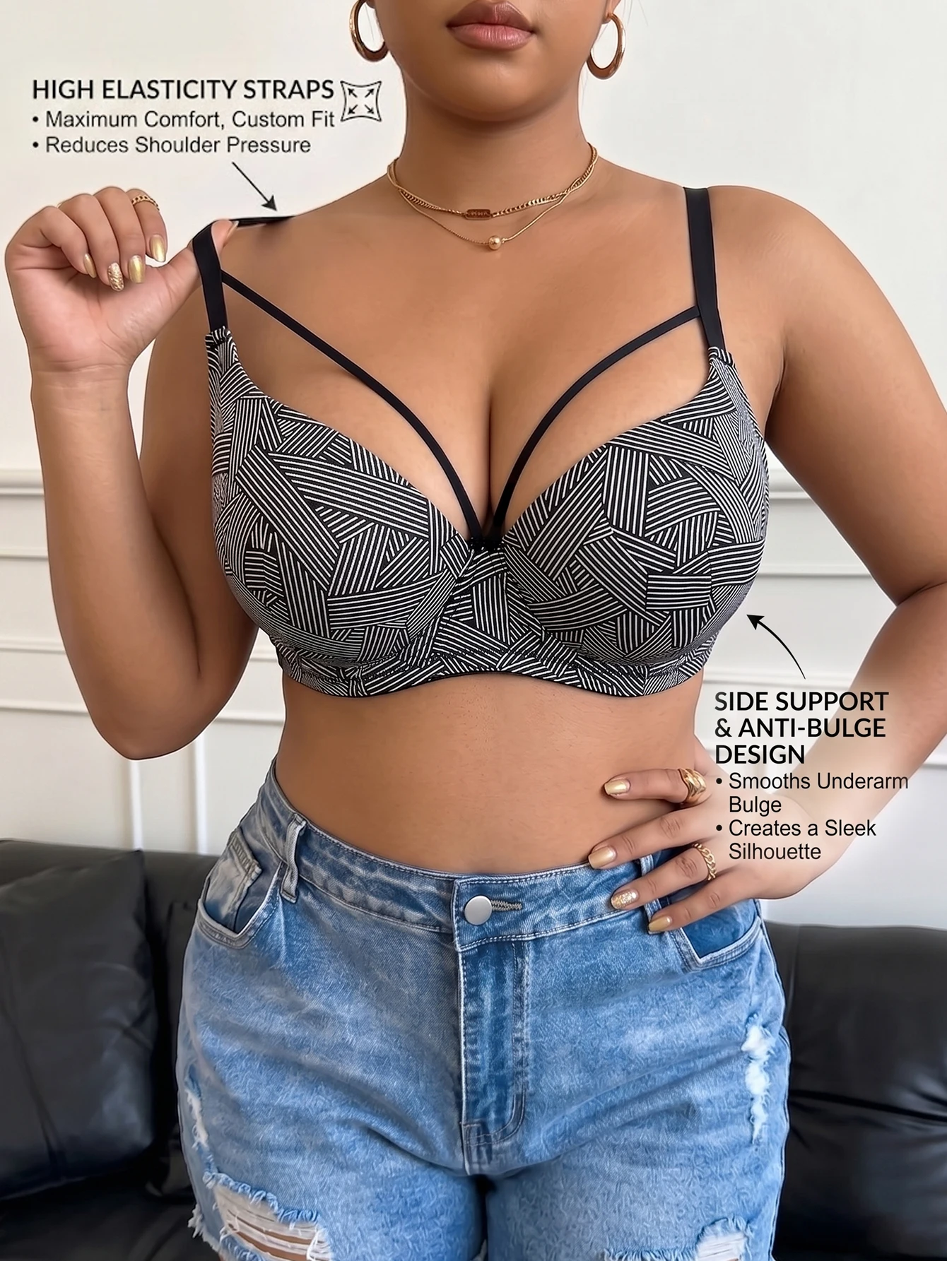 Plus-Size Women's B C D Cup Geometric Print Underwire Bra, Push-Up Bra for Side Breast Collection, Thin Cup Minimizer Comfortable Women's Bra
