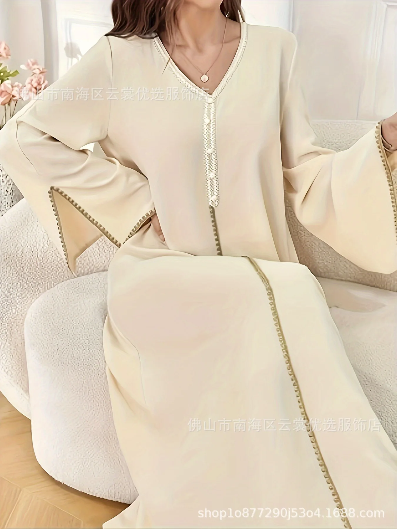Eid Abito da donna Abaya musulmano con scollo a V Perle Abiti Largos Party Caftano Jalabiya Ramadan Abiti lunghi Dubai Arabo Abito lungo 2025