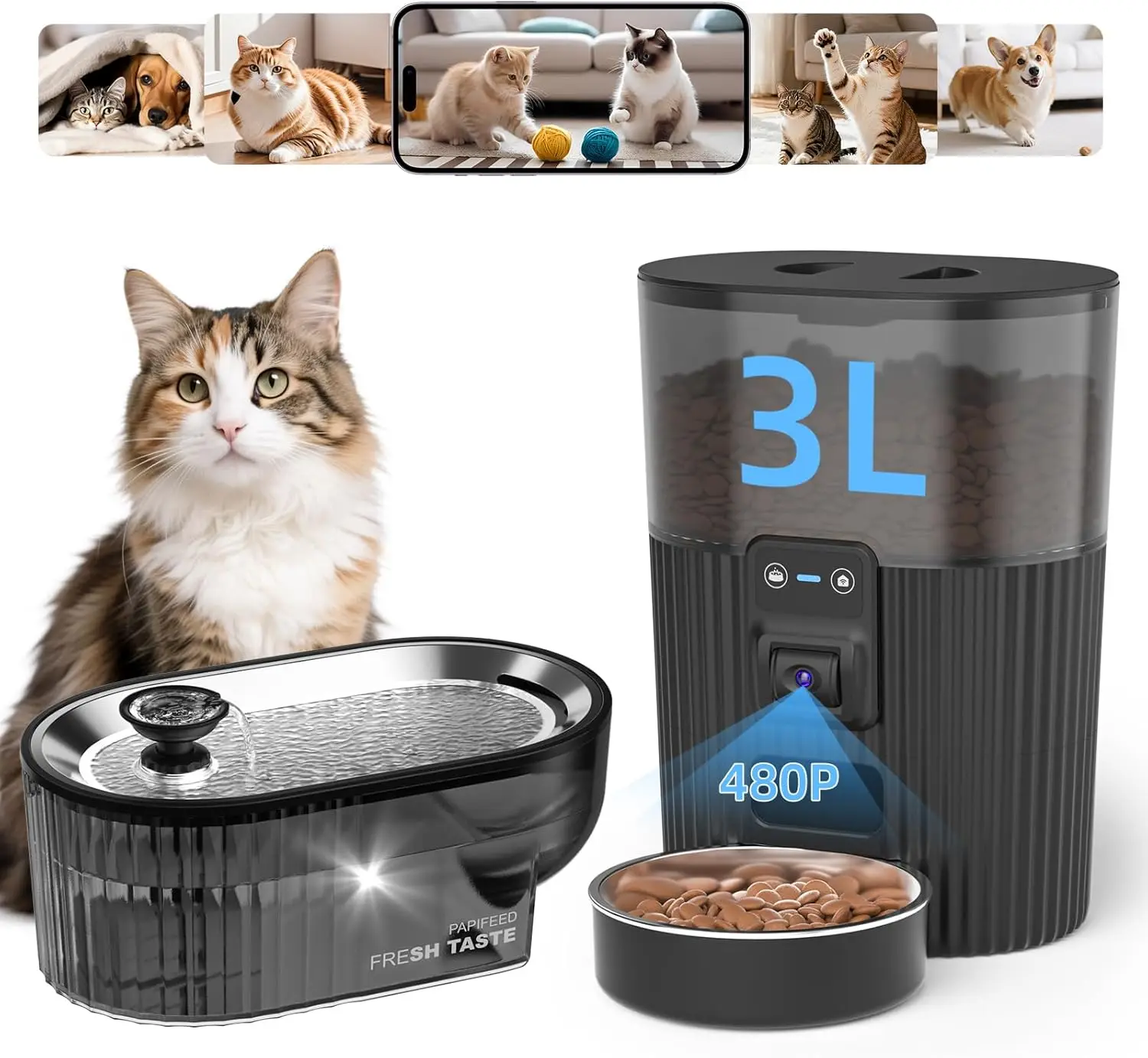 

Automatic Cat Feeder with Camera with 84 oz/2.5L Automatic Pet Drinking Fountain，‌Adjustable Angle 2.4G WiFi/App Pet Food