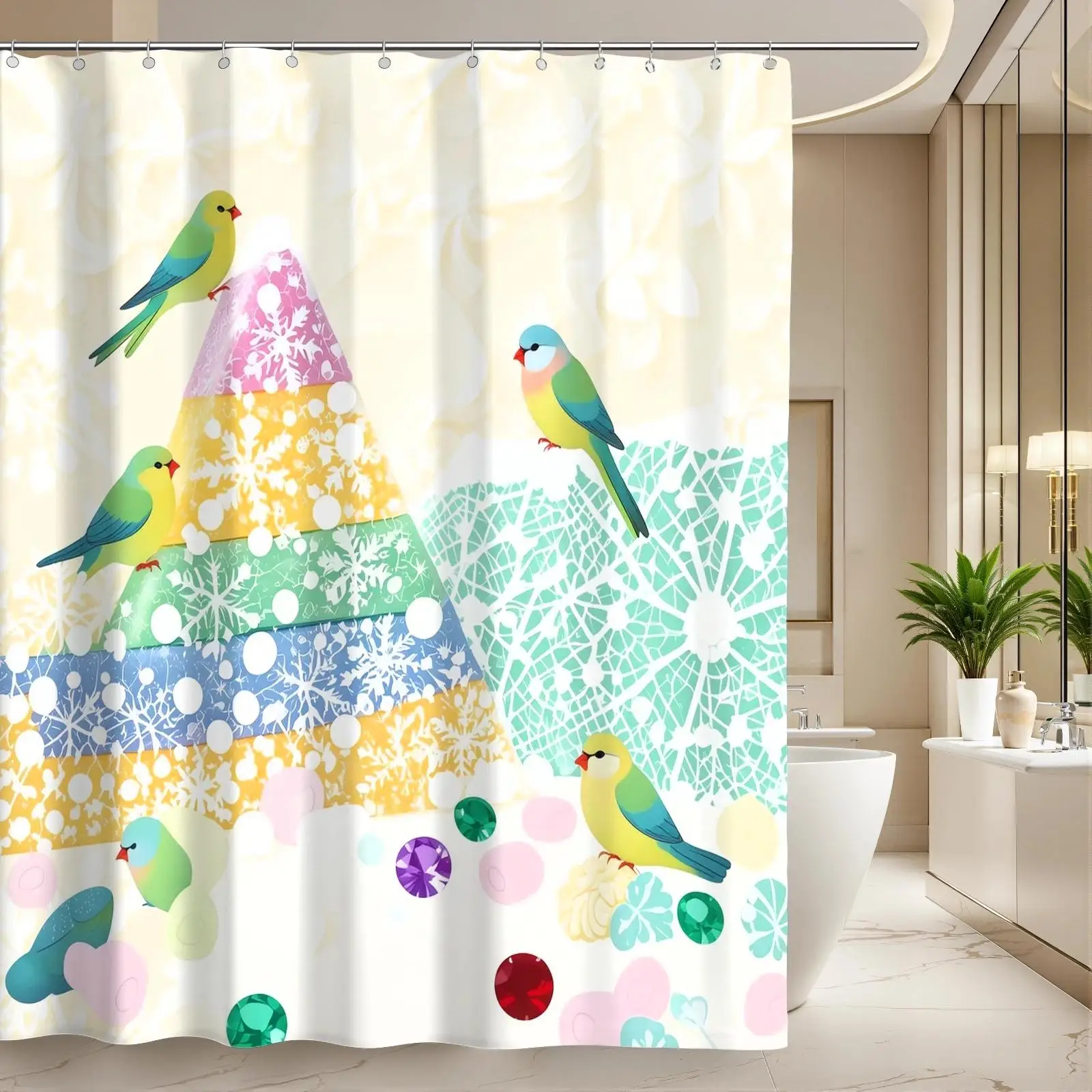 Cute Tropical Birds Rainbow Pyramid Shower Curtain Bathroom Decor Fun Colorful Watercolor Print