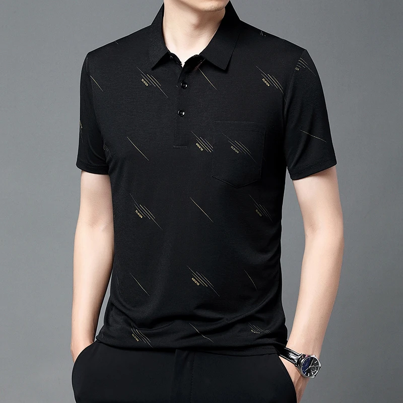 

Commute Fashion Printed T-shirts Summer Thin Turn-down Collar Button Men's Clothing Business Casual Pockets Spliced Polo Shirts