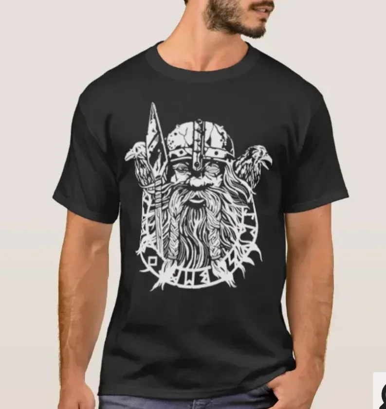 Vintage Nordic God  with Raven Norse Myth T-Shirt 100% Cotton O-Neck Summer Short Sleeve Casual Mens T-shirt Size S-3XL