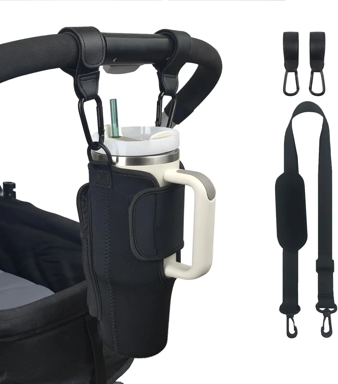 

Stroller Cup Holder Compatible with 30/40oz Cups, Adjustable Strap & Pockets