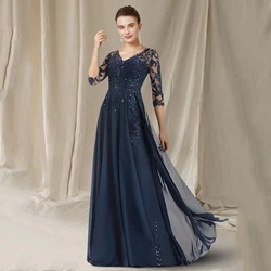 Navy Mother of The Bride Dress Customized Glitter Sequin Lace Party Gowns 3/4 Sleeves V Neck Chiffon A Line Women Wedding Guest