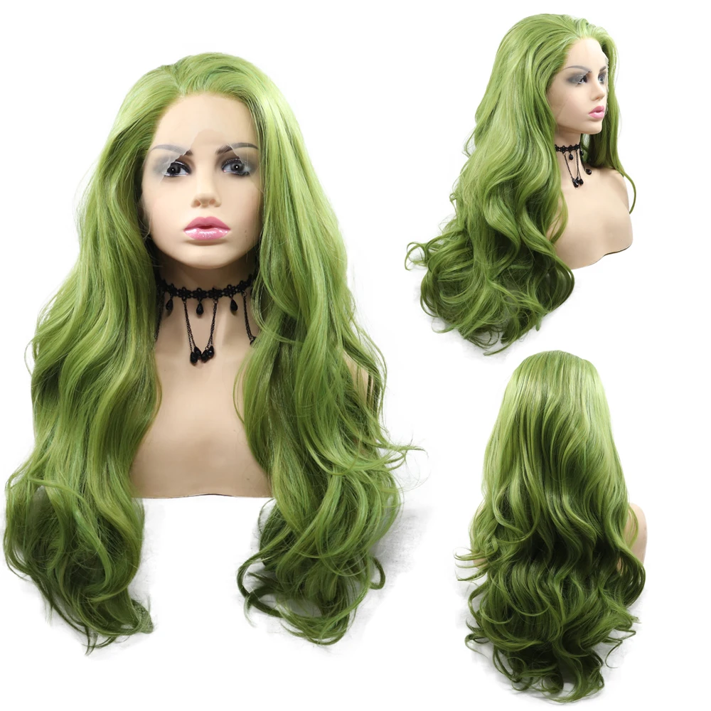 Sylvia 24inches Wavy and Straight Olive Green Lace Front Wigs Heat Resistant Fiber Synthetic Hair Replacement Wigs for Women