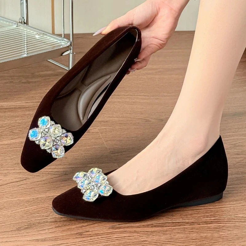 أنيقة كريستال المخملية النساء مضخات جولة تو شقة حجر الراين الزفاف أحذية الزفاف الانزلاق على فستان الحفلات Zapatos De Mujer #5