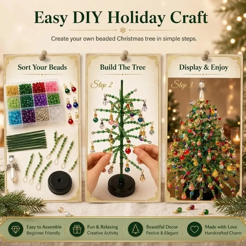 Handgefertigtes DIY-Set zur Herstellung eines Weihnachtsbaums mit Perlen, Mini-Weihnachtsbaum mit Kristallperlen, Tischdeko, Weihnachts-DIY-Bastelbedarf, Kreativ – Detail 8