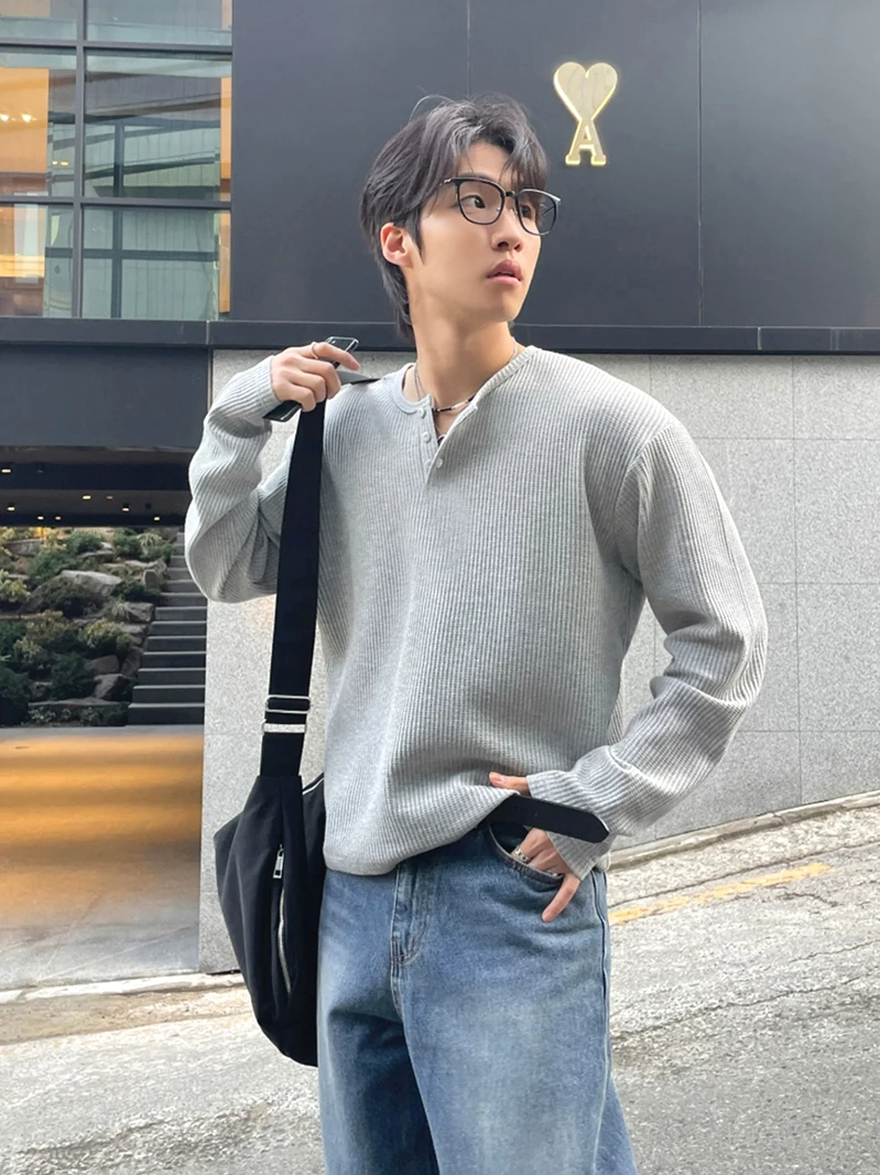 Men's Long Sleeve T-Shirt Henry Collar Workwear Paul Shirt Dongda Gate Texture Waffle Youth Fashion Breathable Skin-friendly