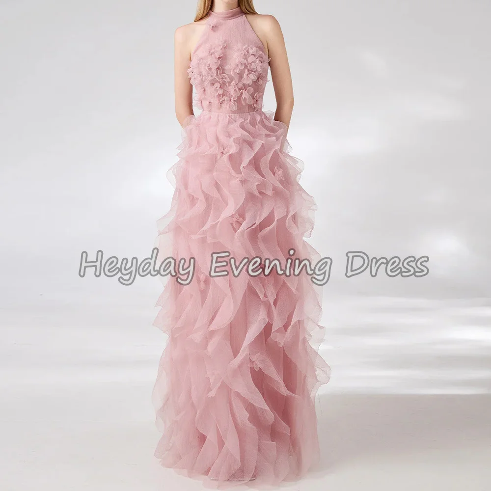 

Heyday Tulle A-line O-neck Ruffle Floor Length Simple Saudi Evening Dresses For Women 2025 With Sleeveless Elegant Party Dress