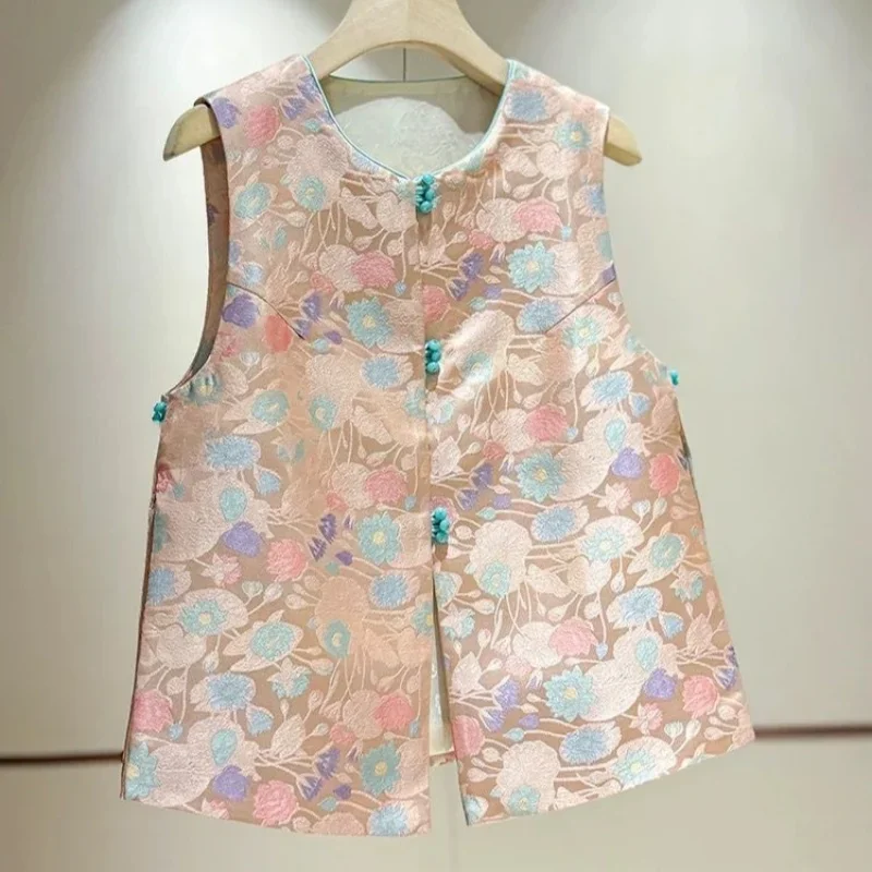 Autumn New Chinese Pink Vest Women Sleeveless Frog Button Colorful Waistcost Loose Floral Print Tank  Ladies Waistcoat KX43