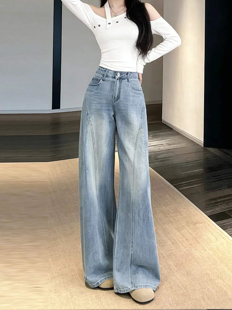High Waist Loose Fit Blue Jeans Women plus Size Conceal Meat Lazy Wide Leg Long Pants Casual Style Zipper Closure Straight Tube