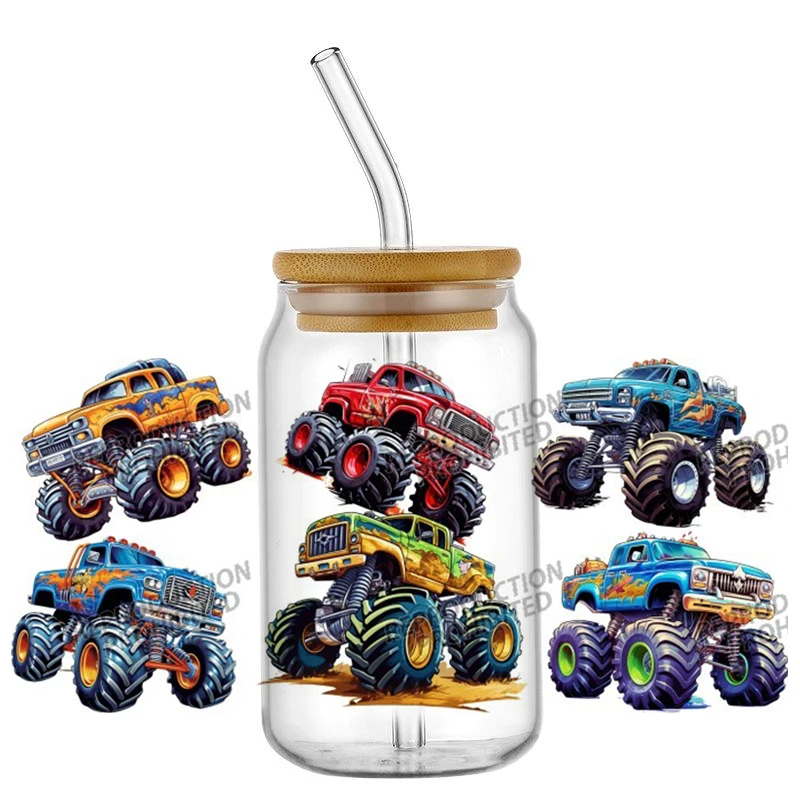 Monster Truck design UV DTF Wraps Transfer Sticker Selfadhesive Waterproof High Quality For 16OZ Libbey Glass Can home decoratio