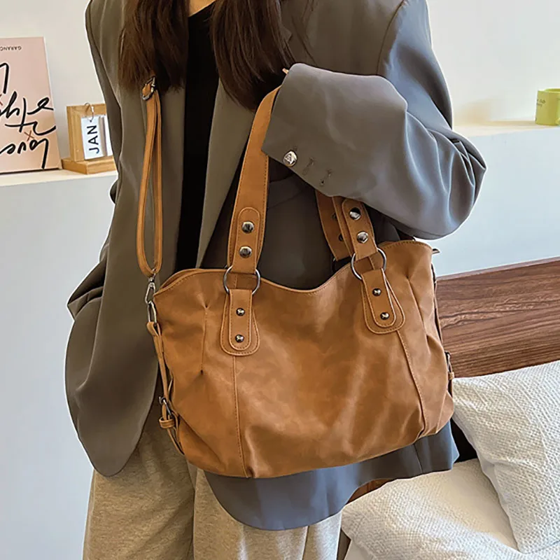 Bolsa retrô de grande capacidade para mulheres, monocromática, versátil, casual, compras, viagem, senhoras, bolsa crossbody, nova, 2024