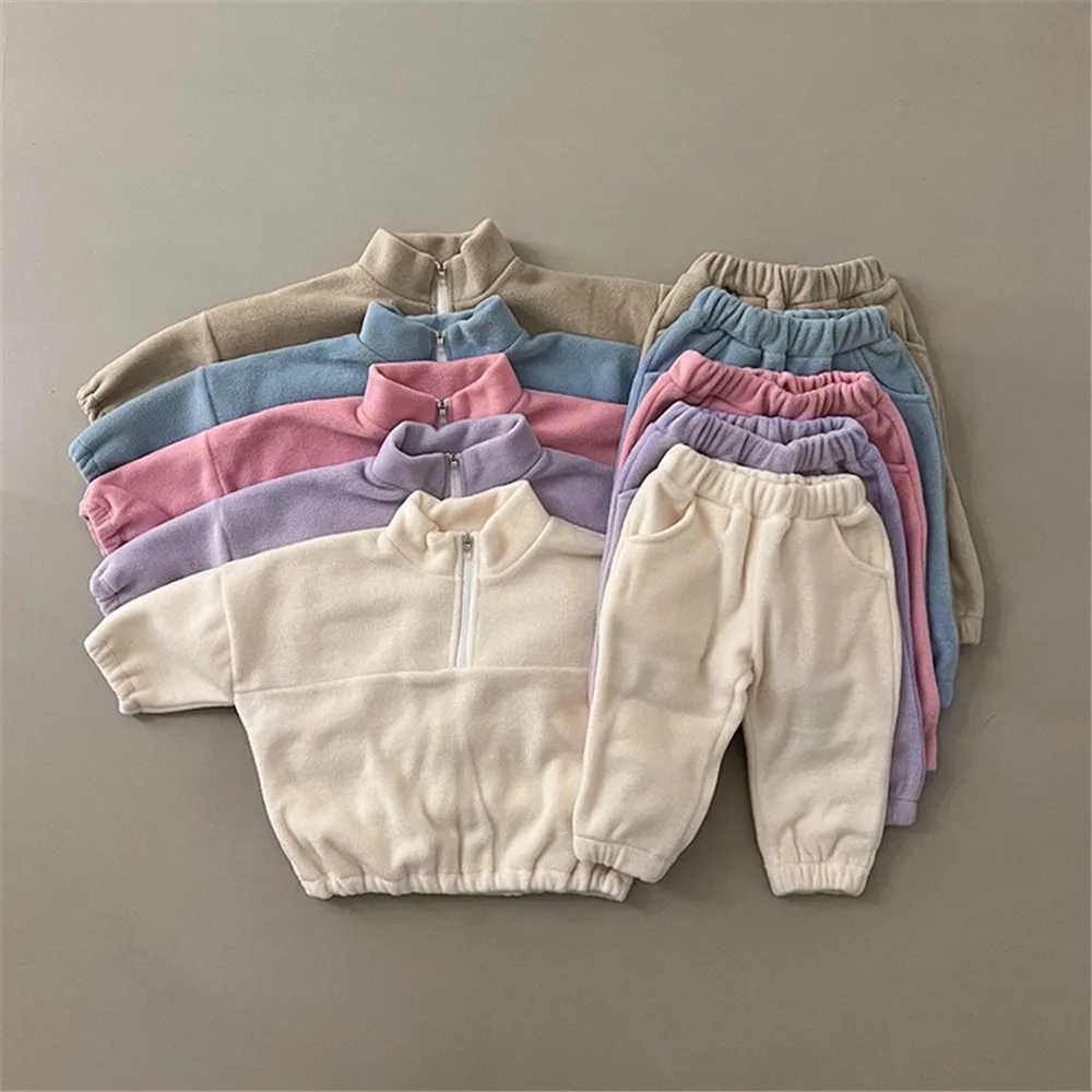 

2024 Autumn New Toddler Baby Sports Set Fleece Solid Color Hoodies And Pants 2pcs Warm Suit Infant Outfit Kids Tracksuit