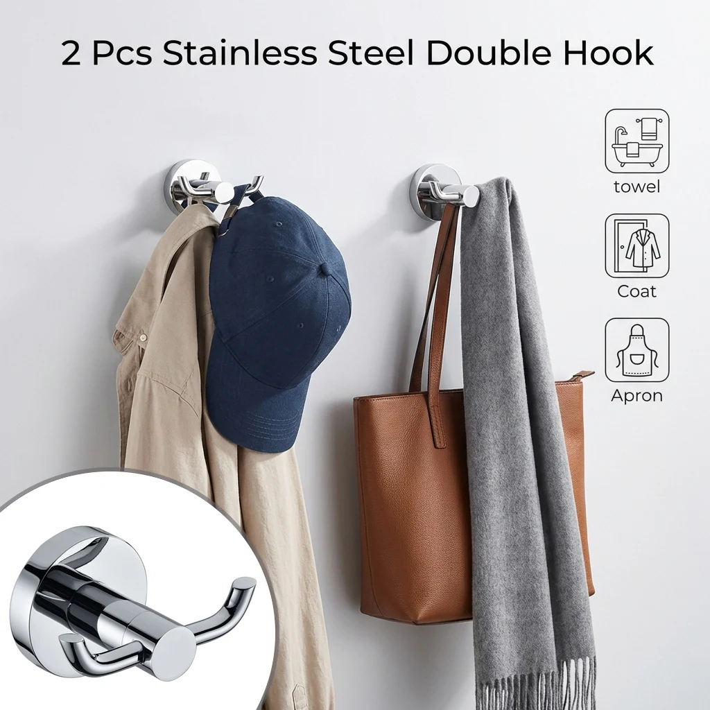 2 Stücke Kleiderhaken Wandmontage Heavy Duty Doppelhaken Garderobe Runde Edelstahl Kleiderbügel Robe Haken Halter für Badezimmer