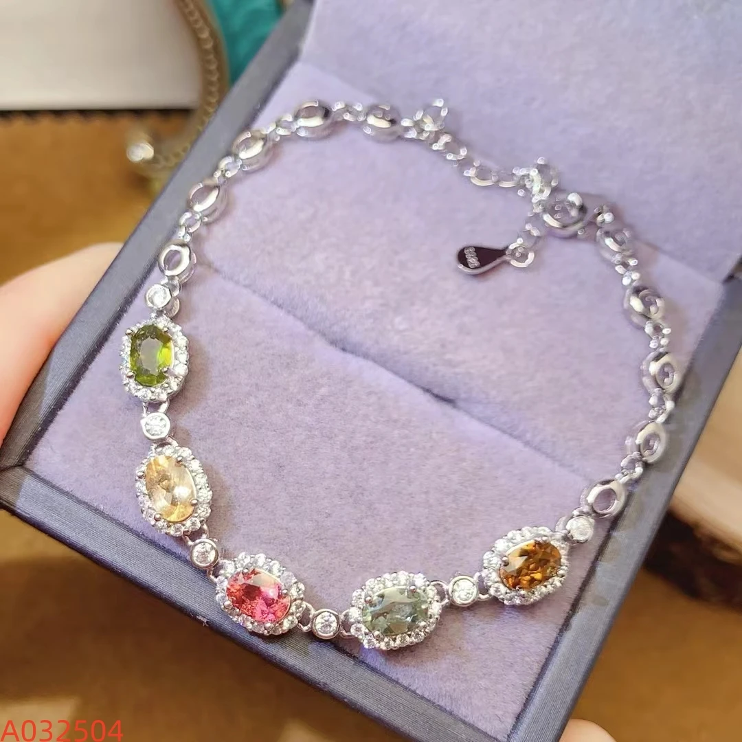 KJJEAXCMY S925 Pure Silver Inlaid Natural Brazilian candy-colored Tourmaline Simple Elegant Women's Bracelet High Clarity