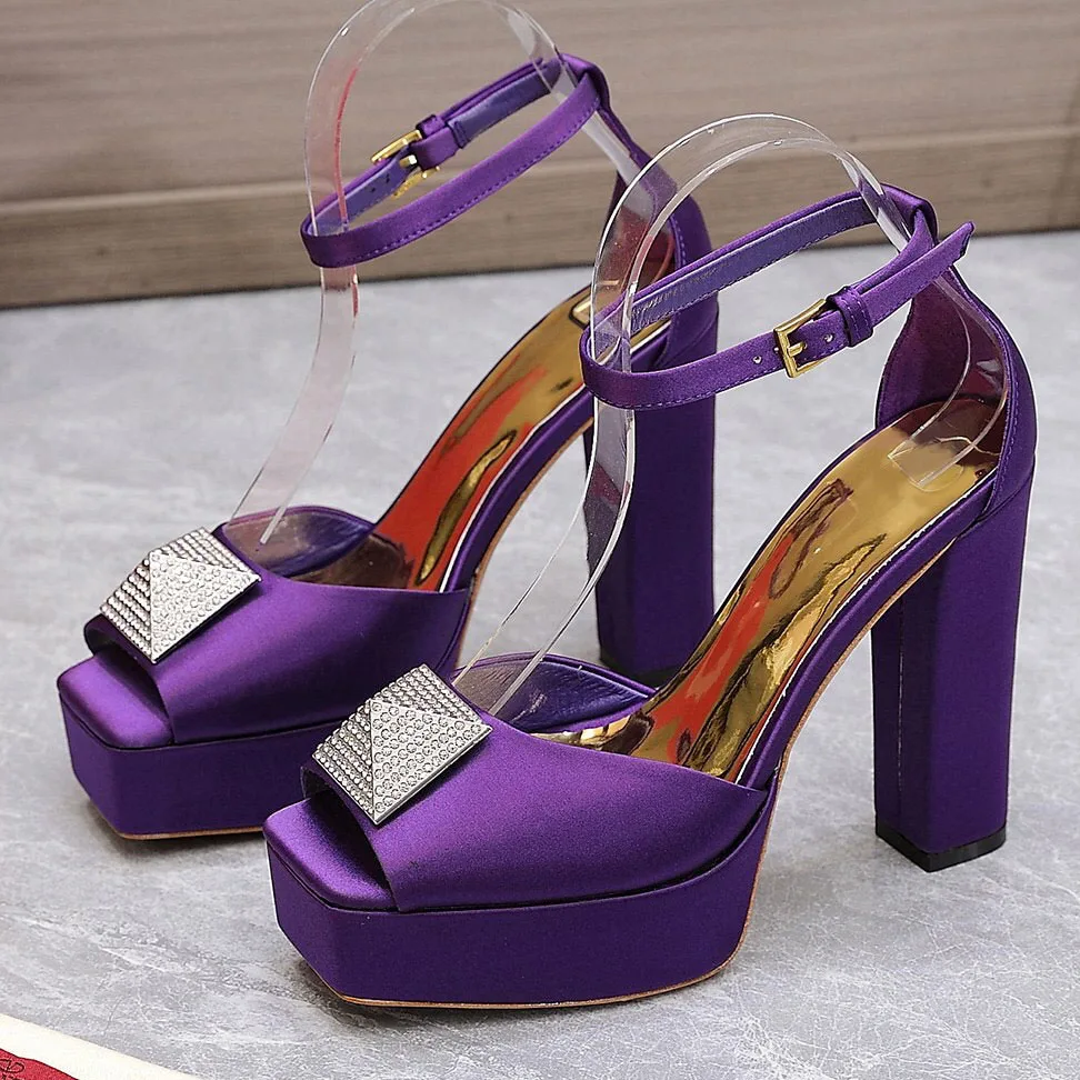 Deep Purple Satin Crystal Rivet Open Chunky Sandals Platform Women Bright Yellow Square Toe Heels Shiny Metal Buckle Red Shoes