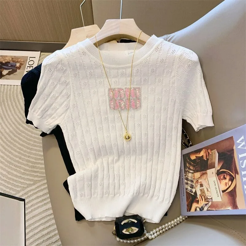 المتناقضة اللون رسالة مرصع الماس قصيرة الأكمام محبوك المرأة 2025 صيف جديد الحبيب التوابل فتاة تي شيرت #2