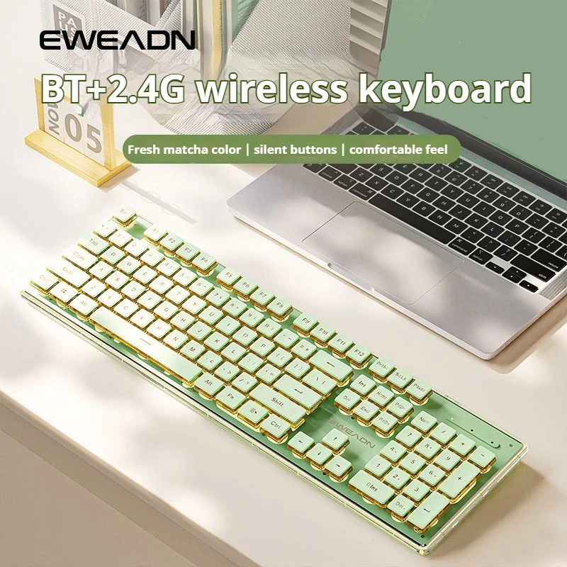 EWEADN V3 Wireless 2.4G & BT Rechargeable Silent Membrane Keyboard,104 Keys Water drop keycaps Green, With Type-c Charging Port