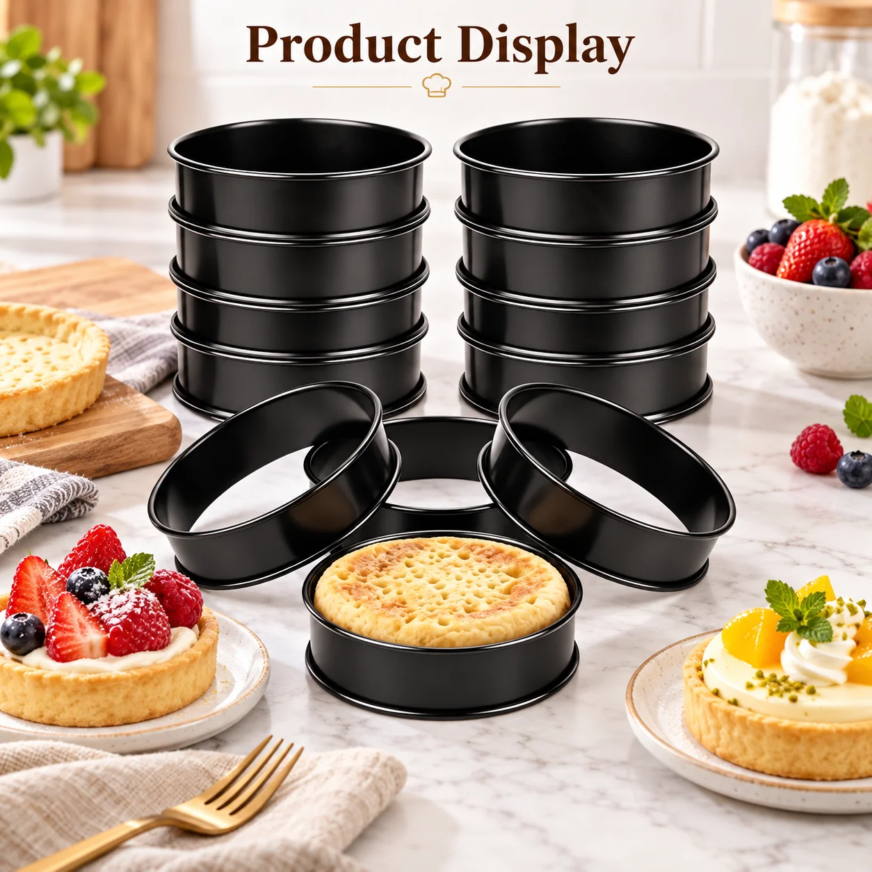 6PCS Tart Crumpet Muffin Ring Set Food-Safe Stainless Steel Nonstick Black Double-Rolled for Pancake Pastry Omelet Home Baking