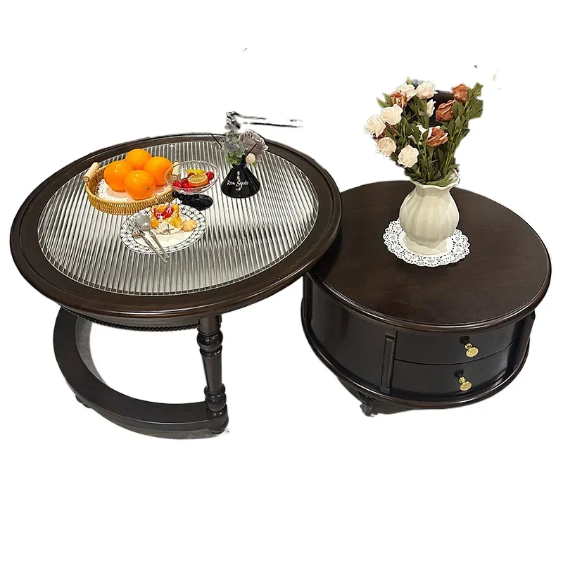 

French retro solid wood coffee table combination living room home retractable tea table modern style smoked color