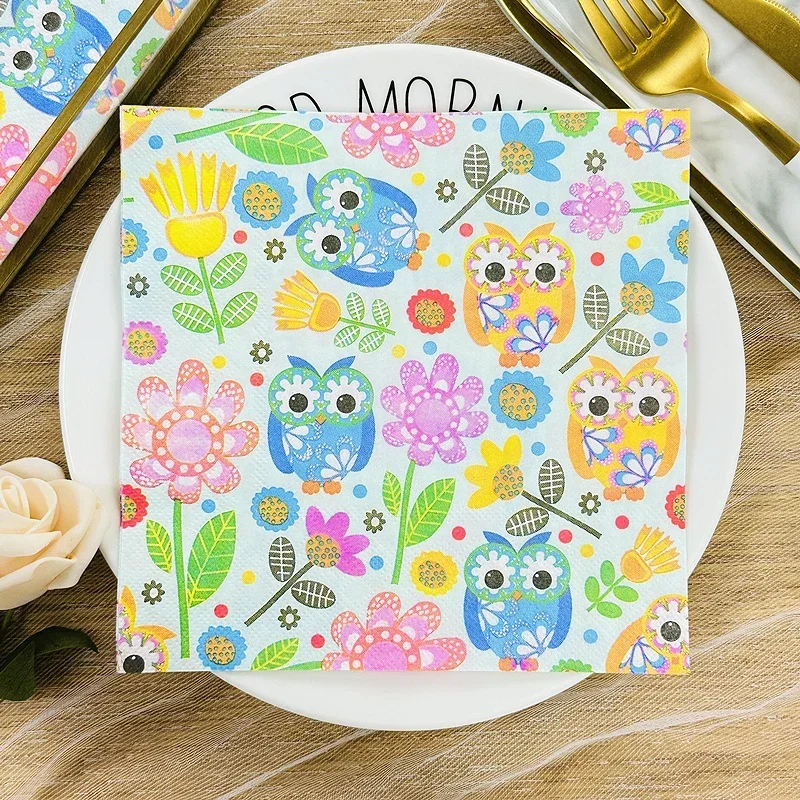 Printed Paper Napkins Cartoon Owl Coffee Shop Restaurant Party Decoration Coloured Napkins Mouth Cloth Placemats 20pcs/Pac 33cm