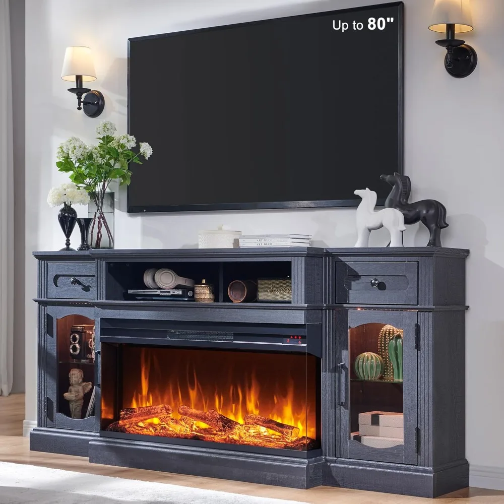 

80-Inch TV Electric Fireplace Entertainment Center with 36-Inch Glass Fireplace and LED Lights