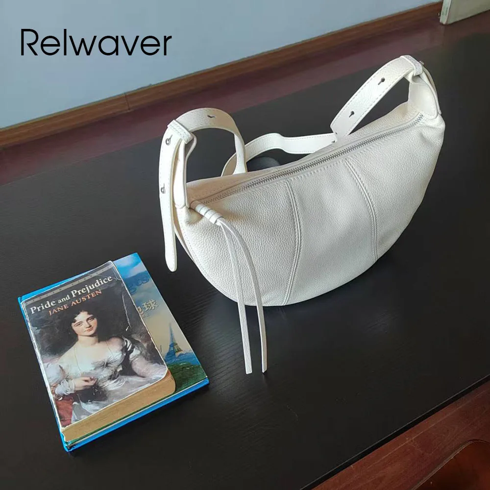 

Relwaver genuine leather crossbody bags for women white grey fashion hobos bag soft shoulder bag dumpling bag 2026 spring