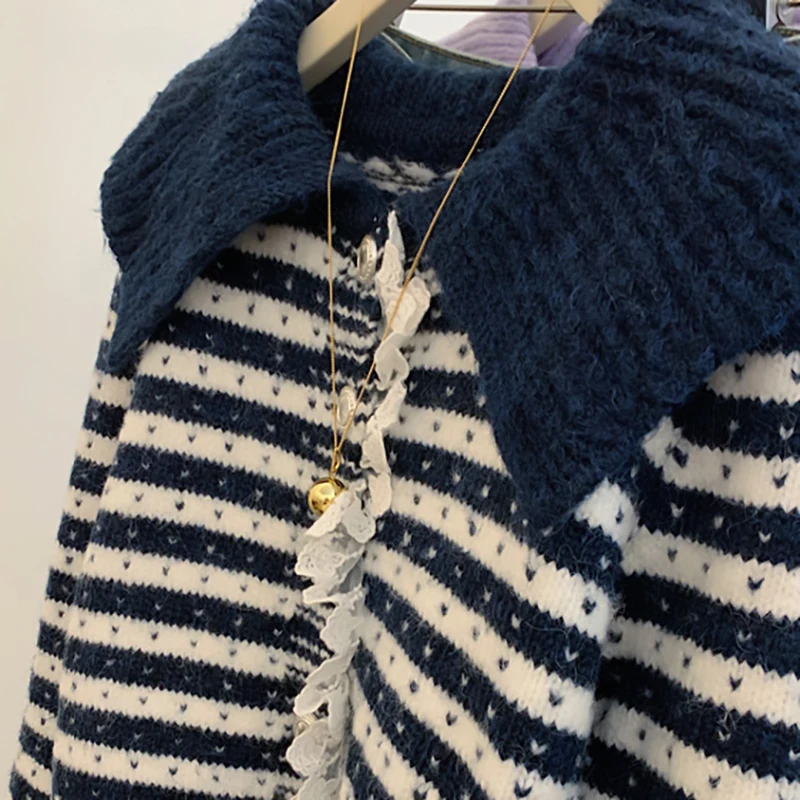 المرأة أناقة مخطط سترة الحلو نمط الدانتيل الديكور رفض طوق سترة الترفيه واحدة الصدر محبوك القمم #5