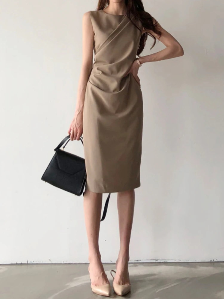 Elegant Women Office Dress New 2020 Summer Sleeveless Bodycon Dresses Retro Women Midi Solid Black Long Robe Vestidos Mujer