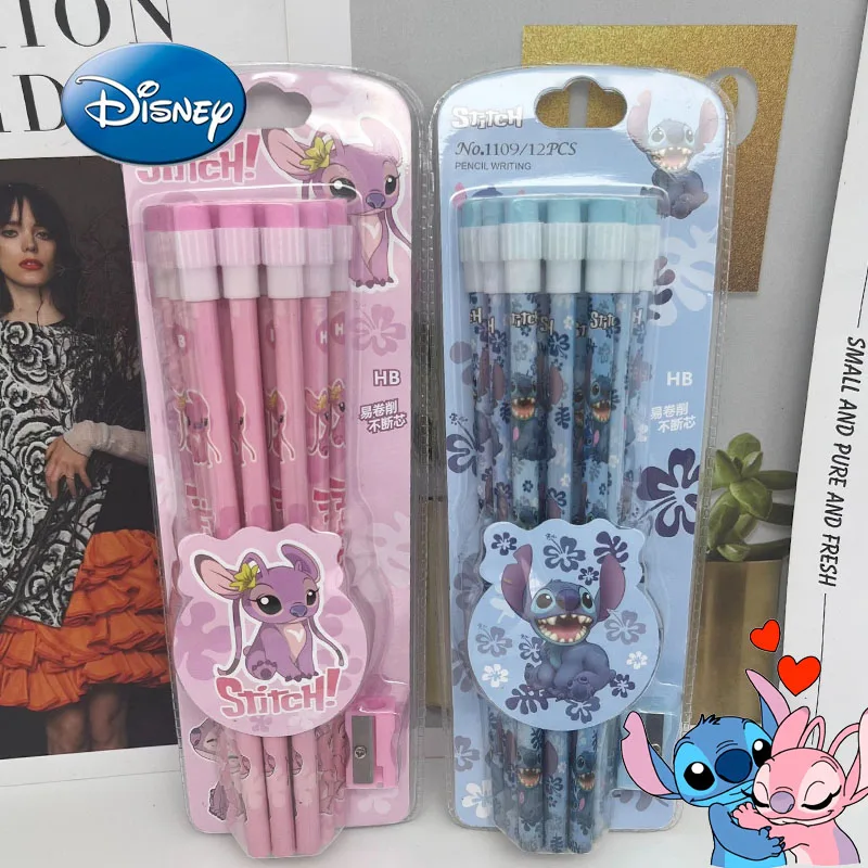 

12pcs Disney Stitch Pencil Kawaii Anime Series Pen with Eraser Cartoon Model Pencil Sharpener Kids Christmars School Supplies