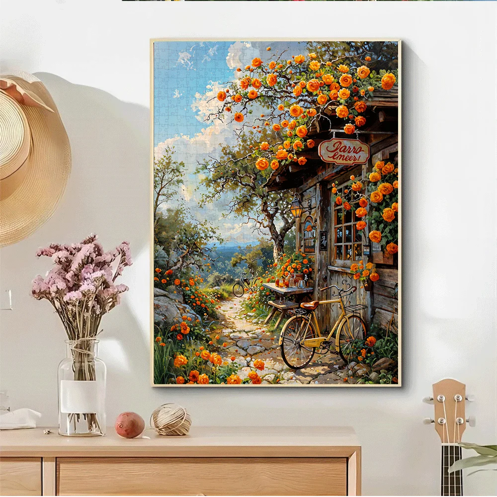 1000pcs Charming Cottage & Orange Blossom Jigsaw Puzzle - Large 74.93x50.04cm Vibrant Rustic Village Scene with Stone Path, Bi