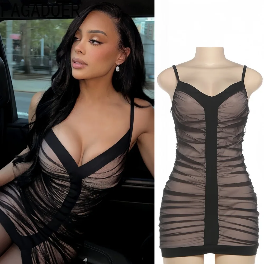 

FAGADOER Sexy Mesh Patchwork Bodycon Dresses for Woman Spaghetti Strap Deep V-neck Backless Dress Female Party Clubwear Vestidos