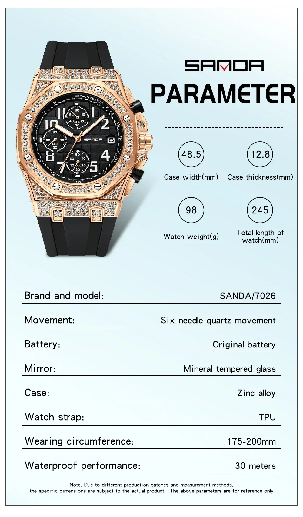 SANDA 7026 Men's Quartz Watch Fashion Leisure Diamond Luminous Date Simulation Display Silicone Strap Men's Gift Watch 2025 view 4