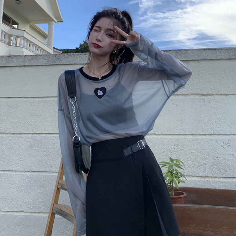 

Summer Perspective Hollow Out Long Sleeve Women O Neck T Shirt With Black Suspenders Sun Protection Oversized Pullovers Top Blue