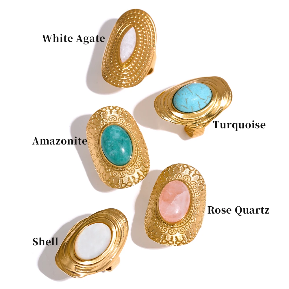 Yhpup-anillo de acero inoxidable con piedra Natural para mujer, sortija hipérbolica de color rosa, verde, turquesa, estilo bohemio, ajustable, para verano