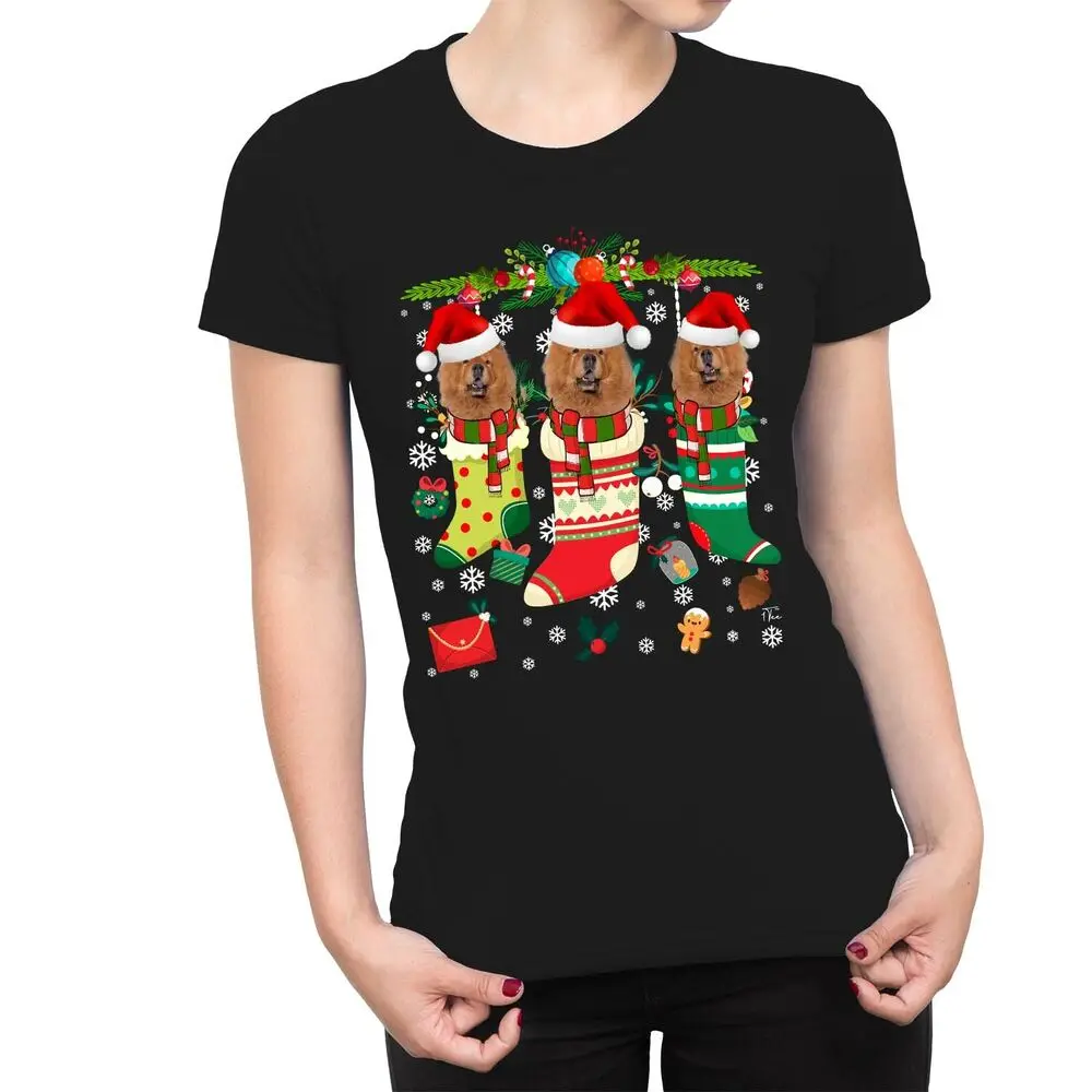 Womens Christmas Stockings with Adorable Chow  Dogs T-ShirtUnisex Women's Summer Cotton Luxury Brand Retro OversizedUnisex T