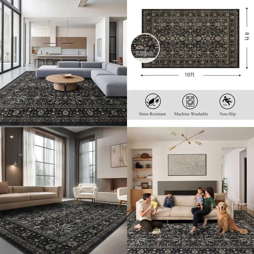 

Нескользящий, машинная стирка, ультрамягкий коврик для гостиной, спальни, кухни, улицы и класса - черный и серый, 8x10