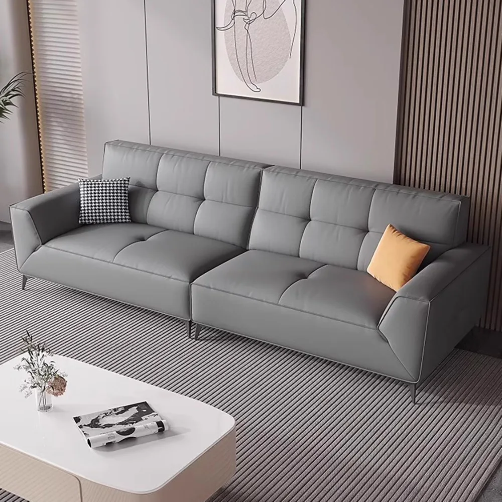 

Italian light luxury first-layer cowhide minimalist leather sofa modern simple household tofu block straight-row sofa