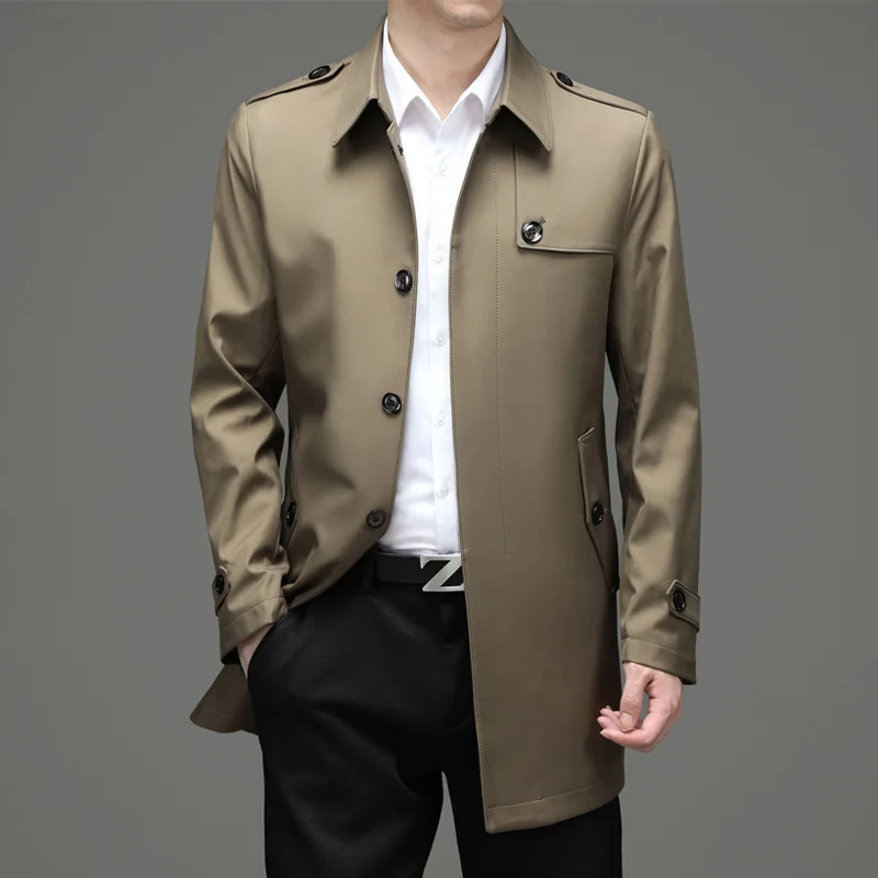 Classic Fashion Trench Coats Men Business Casual Mid-long Windbreaker Lapel Khaki Long Coat for Men Simple Mens Jackets M-4XL